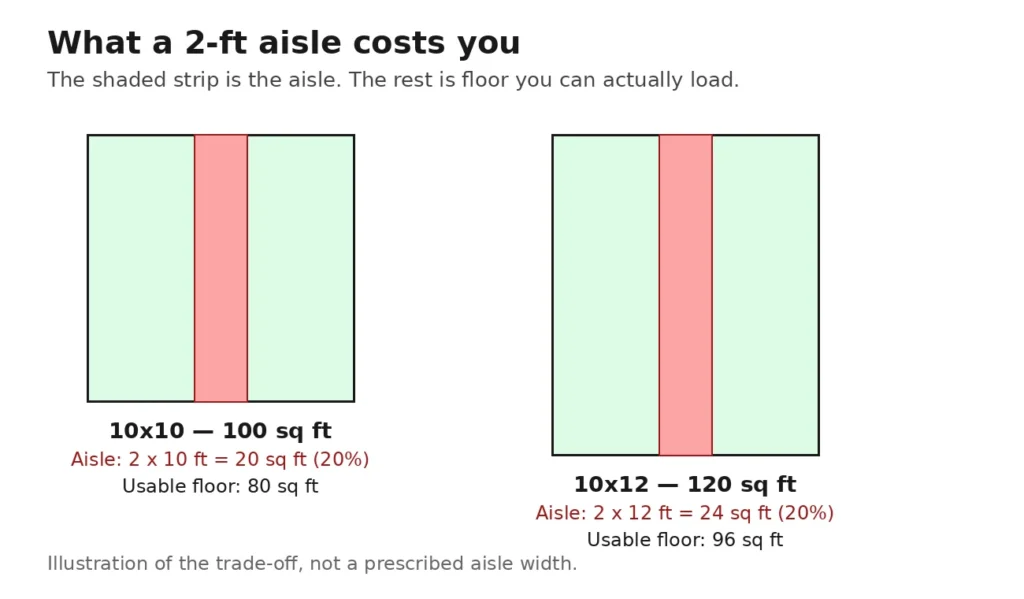 Diagram showing a 2-foot aisle using 20 square feet in a 10x10 unit and 24 square feet in a 10x12 unit