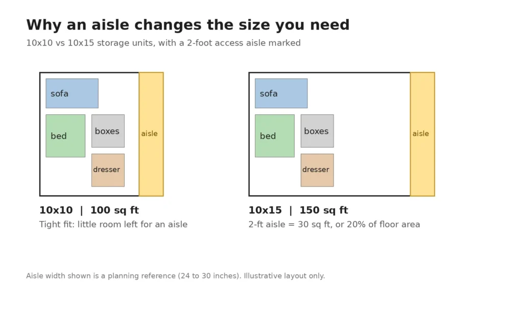 Comparison of 10x10 and 10x15 storage units showing the access aisle